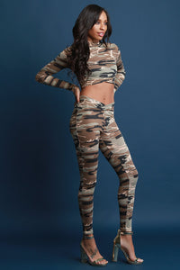 Camouflage V-Hem Crop Top with Legging Set