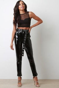 High Waisted Latex Eyelet Belted Pants