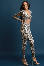 Leopard Print Open Midriff Long Sleeve Jumpsuit