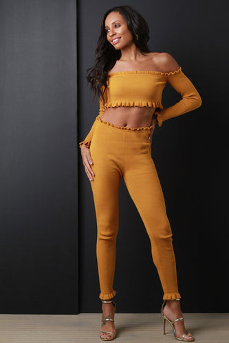 Rib Knit Ruffle Bardot Crop Top and Leggings Set