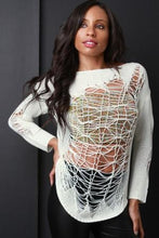 Semi-Sheer Shredded Knit Long Sleeve Top